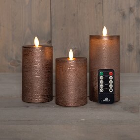 StompKaars LED Brons Rustiek Wax set van 3st. Oplaadbaar Met Bewegende Vlam en Afstandsbediening 10/ - afbeelding 2