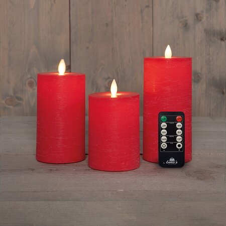 StompKaars LED Rood Rustiek Wax set van 3st. Oplaadbaar Met Bewegende Vlam en Afstandsbediening 10/1 - afbeelding 2