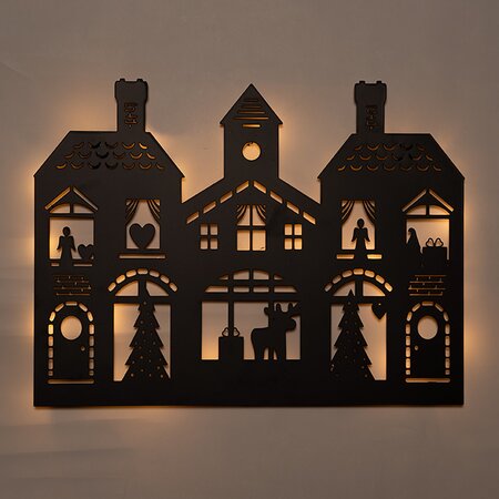 Muurhanger kersthuizen 40x32cm LED Classic zwart - afbeelding 1