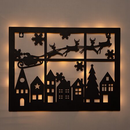 Muurhanger kerstslee/huisjes 40x32cm LED Classic Zwart - afbeelding 1