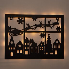 Muurhanger kerstslee/huisjes 40x32cm LED Classic Zwart - afbeelding 2