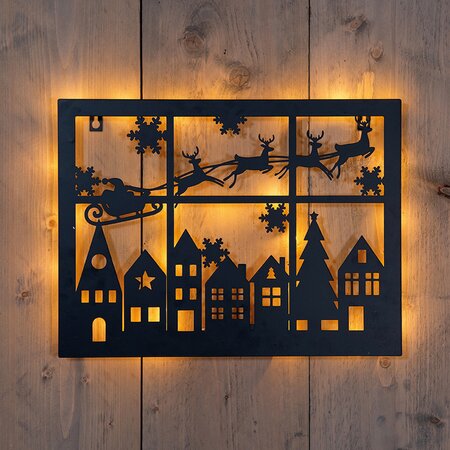 Muurhanger kerstslee/huisjes 40x32cm LED Classic Zwart - afbeelding 2