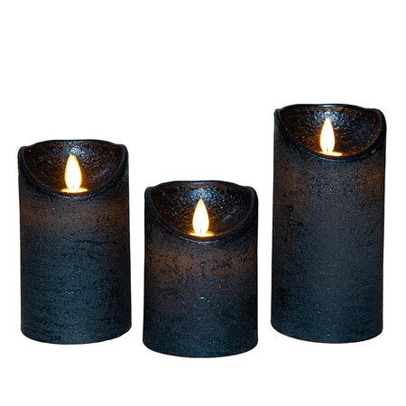 StompKaars LED Metallic Blauw Rustiek Wax set van 3st. Met Bewegende Vlam en Afstandsbediening 10/12 - afbeelding 1