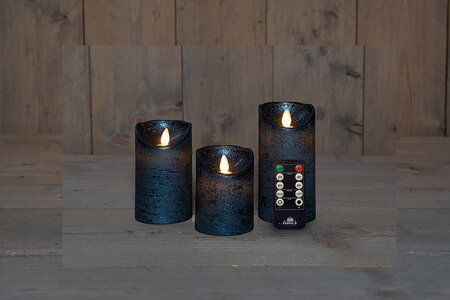 StompKaars LED Metallic Blauw Rustiek Wax set van 3st. Met Bewegende Vlam en Afstandsbediening 10/12 - afbeelding 2