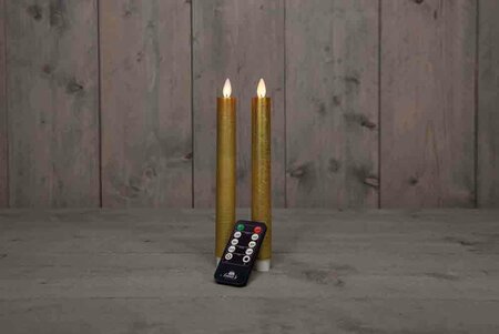 Wax dinerkaars met bewegende vlam H23cm goud 2st LED