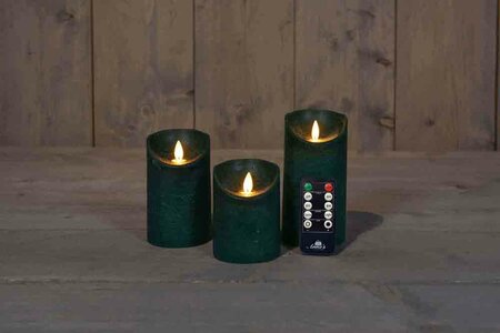 Wax stompkaarsen met bewegende vlam H10/12,5/15cm antiek groen 3st LED