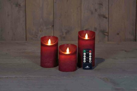 Wax stompkaarsen met bewegende vlam H10/12,5/15cm bordeaux 3st LED