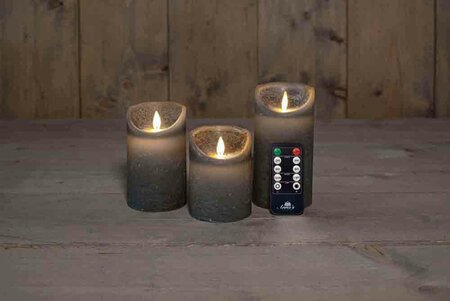 Wax stompkaarsen met bewegende vlam H10/12,5/15cm grijs 3st LED