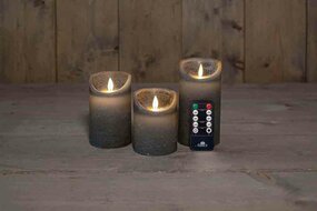Wax stompkaarsen met bewegende vlam H10/12,5/15cm grijs 3st LED