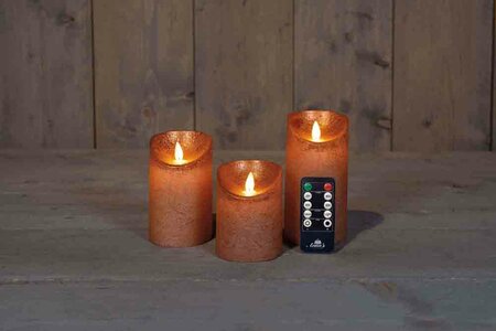 Wax stompkaarsen met bewegende vlam H10/12,5/15cm koper 3st LED