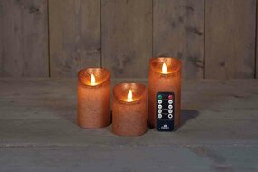 Wax stompkaarsen met bewegende vlam H10/12,5/15cm koper 3st LED