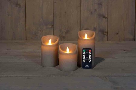 Wax stompkaarsen met bewegende vlam H10/12,5/15cm taupe 3st LED