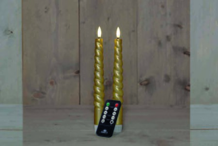Wax swirl dinerkaars met vlam H23cm goud 2st LED
