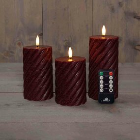 Wax swirl stompkaars met vlam 3D H10/12,5/15cm bordeaux 3st LED - afbeelding 2