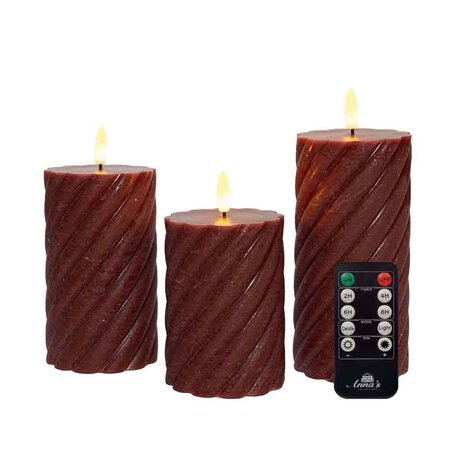 Wax swirl stompkaars met vlam 3D H10/12,5/15cm bordeaux 3st LED - afbeelding 2