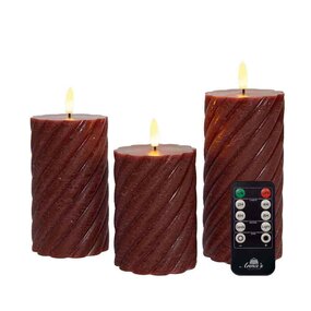 Wax swirl stompkaars met vlam 3D H10/12,5/15cm bordeaux 3st LED - afbeelding 2