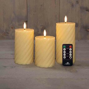 Wax swirl stompkaars met vlam 3D H10/12,5/15cm ivoor 3st LED - afbeelding 2