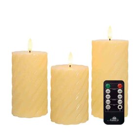 Wax swirl stompkaars met vlam 3D H10/12,5/15cm ivoor 3st LED - afbeelding 2