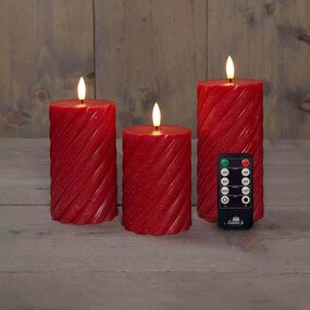 Wax swirl stompkaars met vlam 3D H10/12,5/15cm rood 3st LED - afbeelding 2