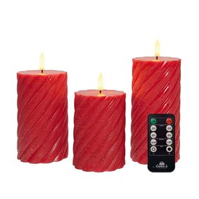 Wax swirl stompkaars met vlam 3D H10/12,5/15cm rood 3st LED - afbeelding 2