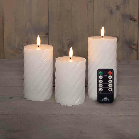Wax swirl stompkaars met vlam 3D H10/12,5/15cm wit 3st LED - afbeelding 1