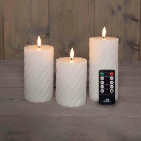 Wax swirl stompkaars met vlam 3D H10/12,5/15cm wit 3st LED - afbeelding 2