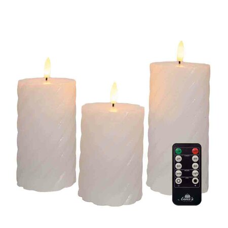 Wax swirl stompkaars met vlam 3D H10/12,5/15cm wit 3st LED - afbeelding 2