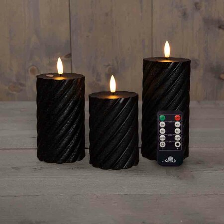 Wax swirl stompkaars met vlam 3D H10/12,5/15cm zwart 3st LED - afbeelding 1