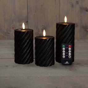 Wax swirl stompkaars met vlam 3D H10/12,5/15cm zwart 3st LED - afbeelding 2
