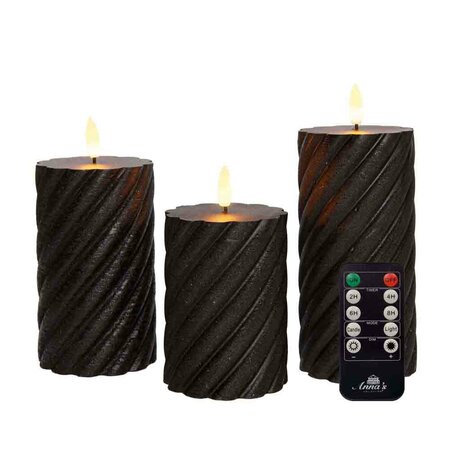 Wax swirl stompkaars met vlam 3D H10/12,5/15cm zwart 3st LED - afbeelding 2
