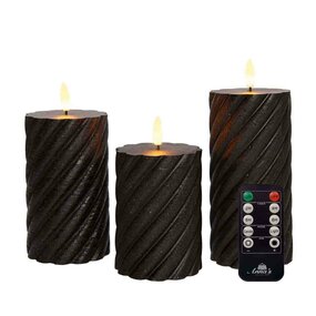 Wax swirl stompkaars met vlam 3D H10/12,5/15cm zwart 3st LED - afbeelding 2
